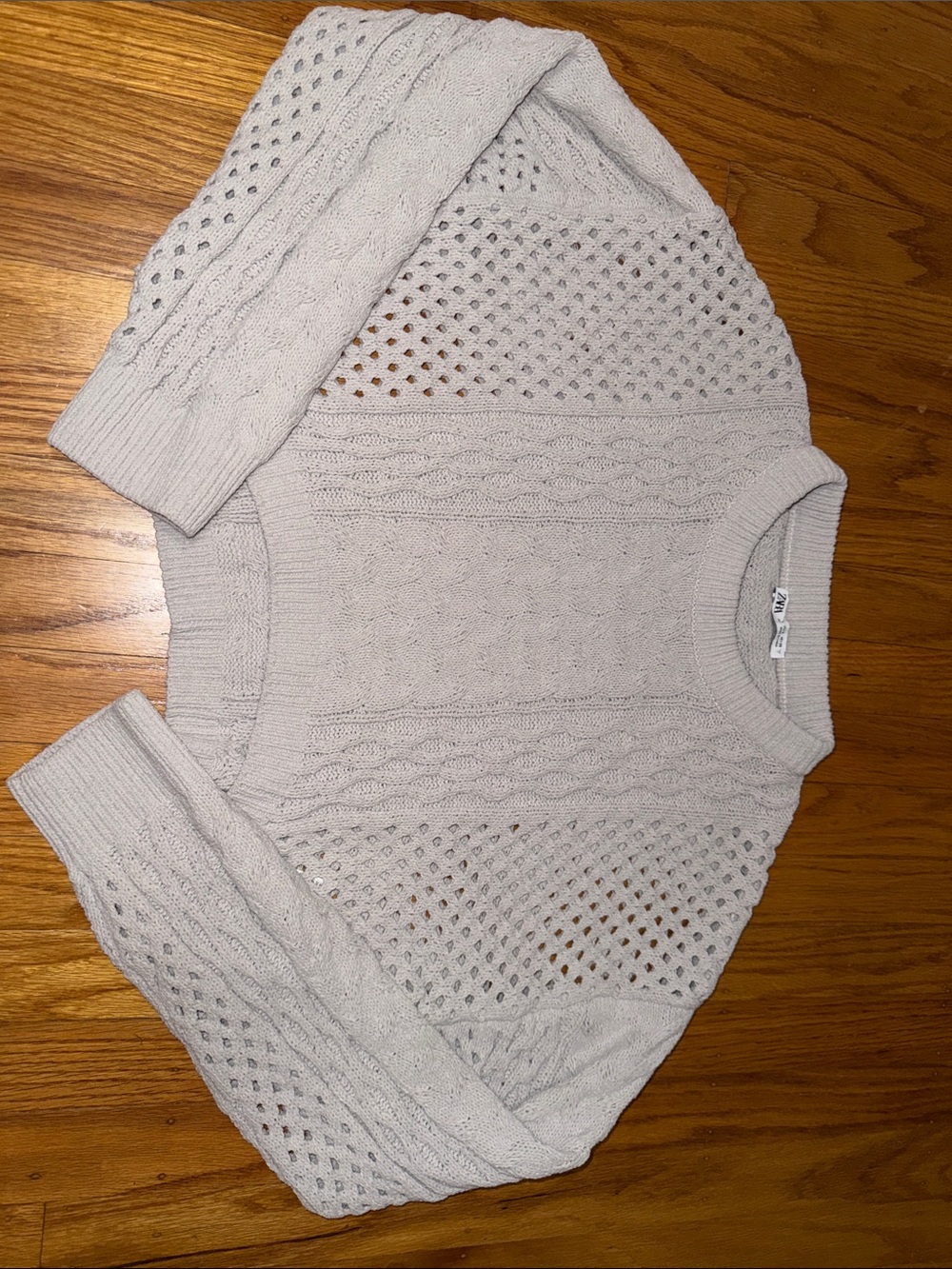 Zara Light Gray Open-Knit Cable Crewneck Sweater - Women